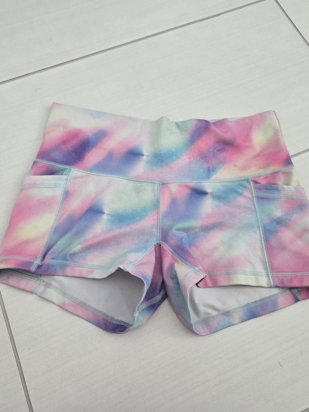 POPFLEX Women's High-Waist Tie-Dye Bike Shorts - Pastel Pink & Blue